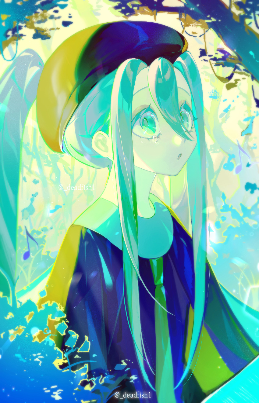 1girl aqua_eyes aqua_hair brown_headwear bug_miku_(project_voltage) commentary crying crying_with_eyes_open eungo forest hair_between_eyes hair_through_headwear hatsune_miku highres long_hair musical_note nature necktie pokemon project_voltage sidelocks solo tears twintails twitter_username very_long_hair vocaloid