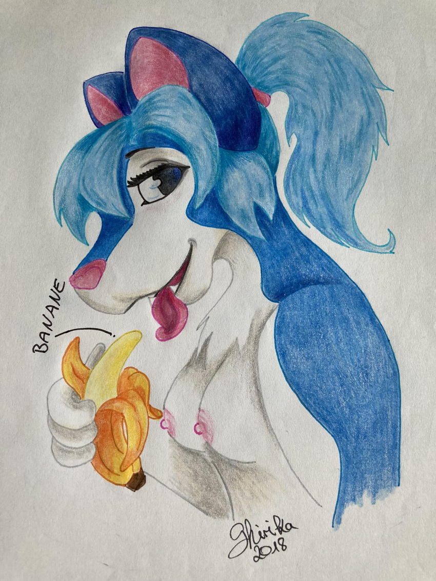 anthro banana big_ears blue_body blue_ears blue_hair blue_skin breasts canid canine canis character_noname eating female food fox fruit hair hi_res licking male male/female mammal nippel open_mouth pink_nippel pink_nose plant shirika_(artist) solo teeth tongue tongue_out wolf