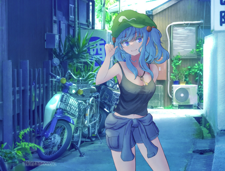 1girl absurdres air_conditioner bare_arms bare_shoulders blue_eyes blue_hair blue_shorts blunt_bangs breasts building cleavage closed_mouth contrapposto cowboy_shot day fingernails hair_bobbles hair_ornament hand_up highres house kawashiro_nitori key kiritanpo117 light_blush long_hair looking_at_viewer medium_breasts midriff motor_vehicle motorcycle navel outdoors shorts sidelocks smile solo tank_top touhou two_side_up