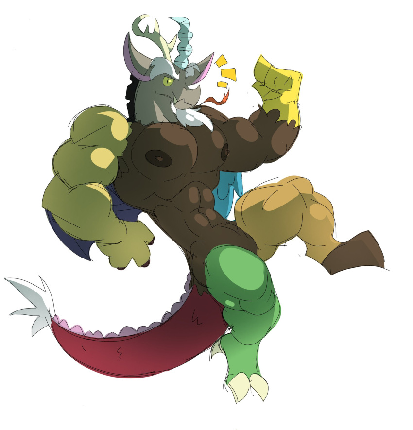 2_toes 4_fingers abs anthro antlers beard biceps brown_body brown_fur brown_nipples chimera claws digital_media_(artwork) discord_(mlp) draconequus facial_hair fangs feet fingers fist forked_tongue friendship_is_magic fur green_body green_scales grey_body grey_fur hasbro hi_res hooves horn long_tail male multicolored_body muscular muscular_anthro muscular_male my_little_pony nipples pink_inner_ear poli_asies red_body red_scales scales sharp_teeth simple_background solo spikes tail tail_tuft teeth toe_claws toes tongue tongue_out tuft white_background yellow_body yellow_fur yellow_sclera