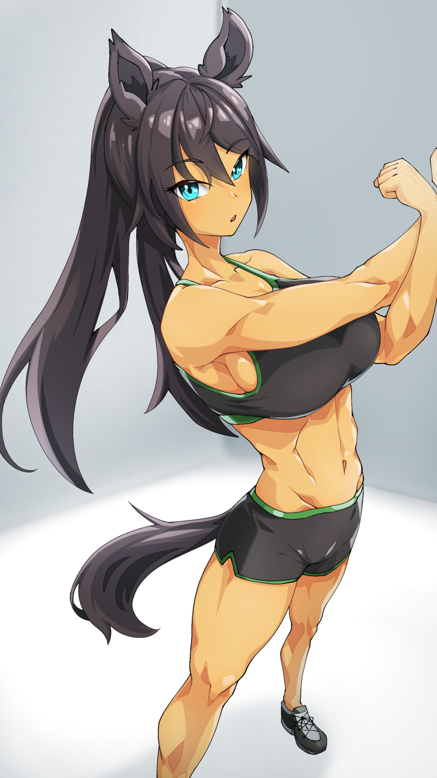 1girl :o absurdres animal_ears bare_shoulders black_footwear black_hair black_shorts black_sports_bra blue_eyes breasts collarbone commentary_request dark-skinned_female dark_skin dolphin_shorts foreshortening groin hair_between_eyes highres horse_ears horse_girl horse_tail iii-ove-iii large_breasts long_hair looking_at_viewer midriff navel parted_lips ponytail shadow shoes short_shorts shorts sidelocks sneakers solo split_ponytail sports_bra standing stretching symboli_kris_s_(umamusume) tail umamusume