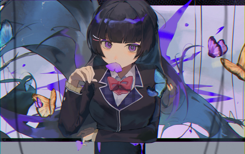 1000-nen_ikiteru_(vocaloid) absurdres alternate_eye_color animal_in_mouth black_hair black_jacket blazer blunt_bangs bow bowtie bug butterfly chinese_commentary collared_shirt commentary_request eating expressionless hair_ornament hairclip hand_up highres hime_cut jacket long_hair long_sleeves looking_at_viewer monitor nijisanji purple_eyes red_bow red_bowtie school_uniform shirt straight-on through_screen tsukino_mito tsukino_mito_(1st_costume) upper_body very_long_hair virtual_youtuber white_shirt xi_wu