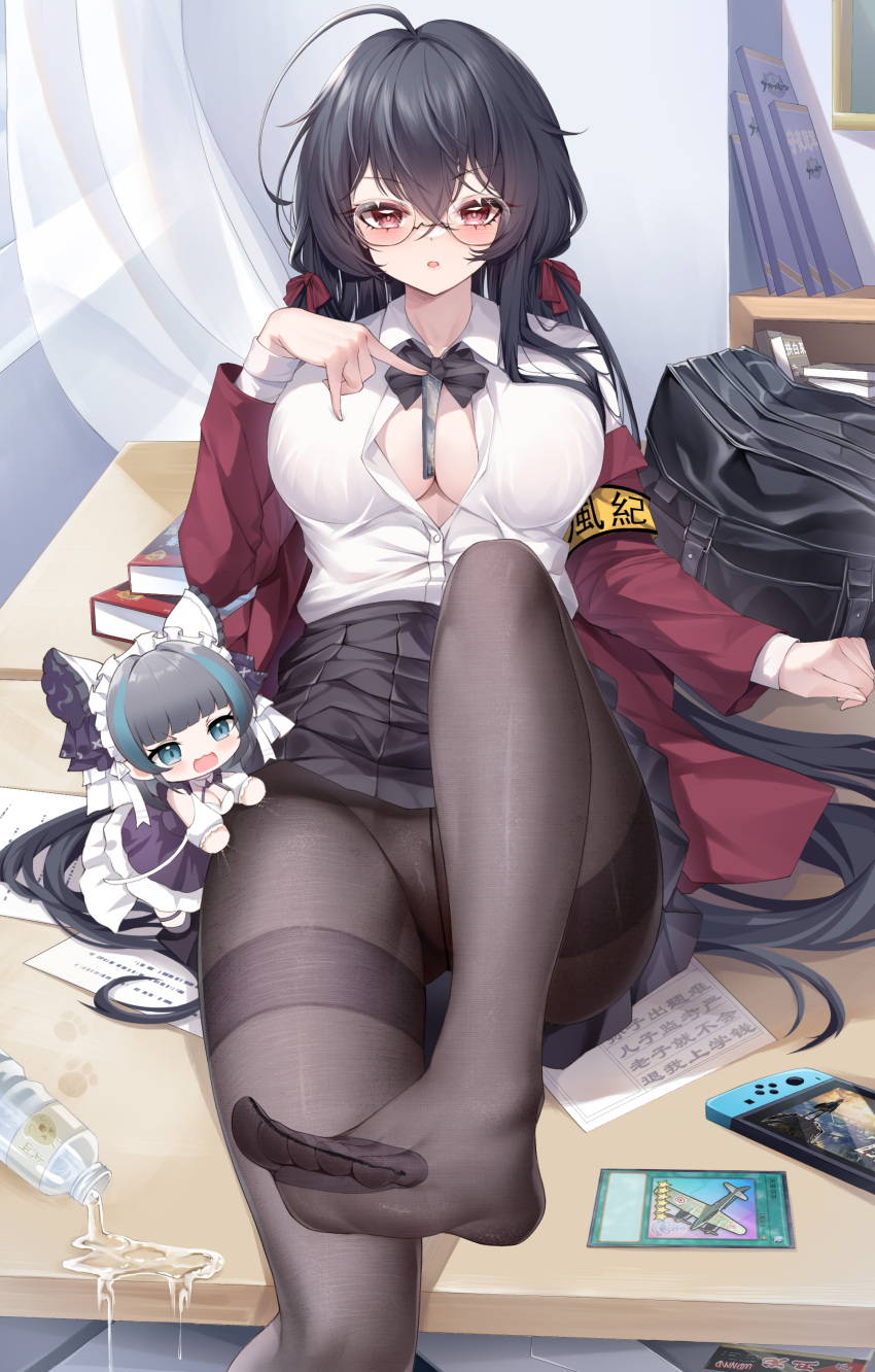 2girls :o absurdres ahoge armband azur_lane between_breasts black_bag black_bow black_bowtie black_hair black_skirt book bottle bow bowtie breasts cheshire_(azur_lane) chibi cleavage collared_shirt commentary_request crossed_bangs curtains desk dress_shirt feet fine_fabric_emphasis foot_focus foot_out_of_frame glasses hair_between_eyes handheld_game_console highres huge_ahoge indoors jacket kanon_(sinto) large_breasts leaning_back leg_up long_hair long_sleeves multiple_girls nintendo_switch no_bra no_panties no_shoes official_alternate_costume on_desk open_clothes open_jacket pantyhose paper partially_unbuttoned pleated_skirt presenting_foot red_eyes red_jacket round_eyewear school_uniform see-through see-through_legwear shirt sitting skirt spill taihou_(azur_lane) taihou_(sweet_time_after_school)_(azur_lane) the_legend_of_zelda the_legend_of_zelda:_breath_of_the_wild thighband_pantyhose toes trading_card water white_shirt yellow_armband yu-gi-oh!