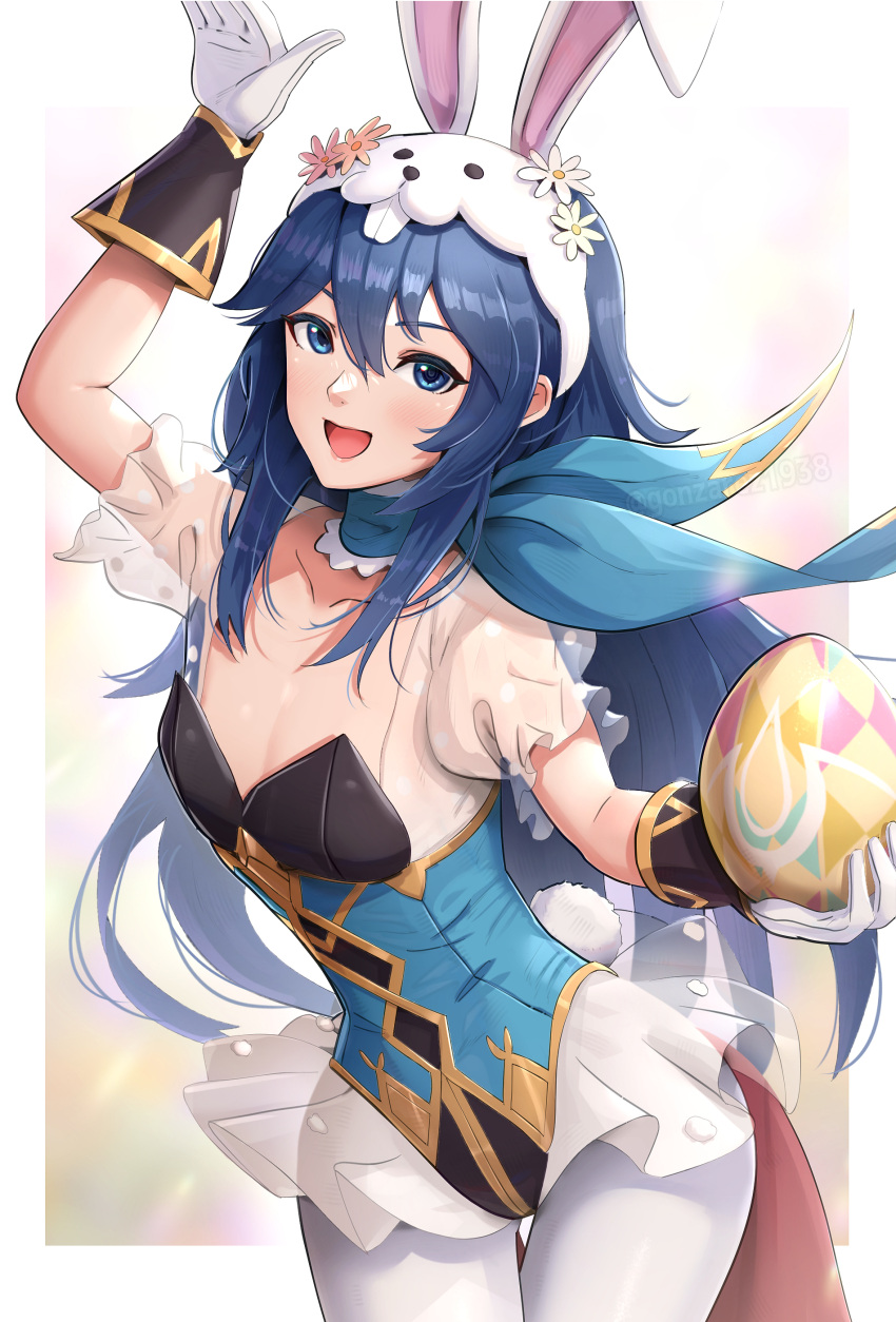 1girl absurdres animal_hat arm_up blue_eyes blue_hair blue_leotard breasts easter_egg egg fake_tail family_crest fire_emblem fire_emblem_awakening fire_emblem_heroes frilled_leotard frills gloves gonzarez hat highres holding holding_egg leotard long_hair looking_at_viewer lucina_(fire_emblem) lucina_(spring)_(fire_emblem) official_alternate_costume pantyhose playboy_bunny rabbit_hat rabbit_tail see-through small_breasts smile solo tail thigh_gap waist_cape watermark white_gloves white_pantyhose