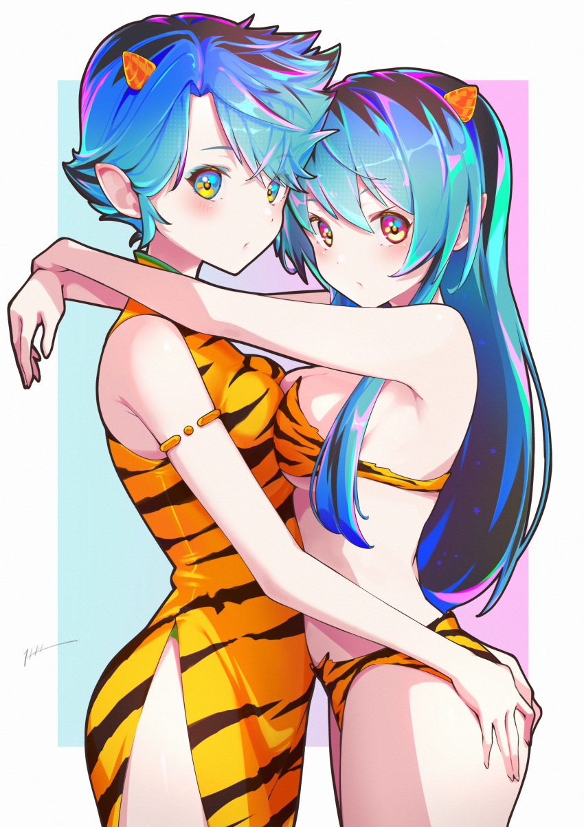 2girls absurdres animal_print aqua_hair asymmetrical_docking bare_arms bare_shoulders bikini black_hair blue_background blush border breast_press breasts closed_mouth commentary_request dress green_hair hand_on_another's_ass heads_together highres horns itou_kazuki long_hair looking_at_viewer lum lum's_mother medium_breasts mother_and_daughter multicolored_eyes multicolored_hair multiple_girls oni oni_horns outside_border pink_background pink_hair pointy_ears print_bikini short_hair side_slit signature sleeveless sleeveless_dress small_breasts strapless strapless_bikini swimsuit tiger_print two-tone_background urusei_yatsura white_border yellow_bikini yellow_dress yellow_horns
