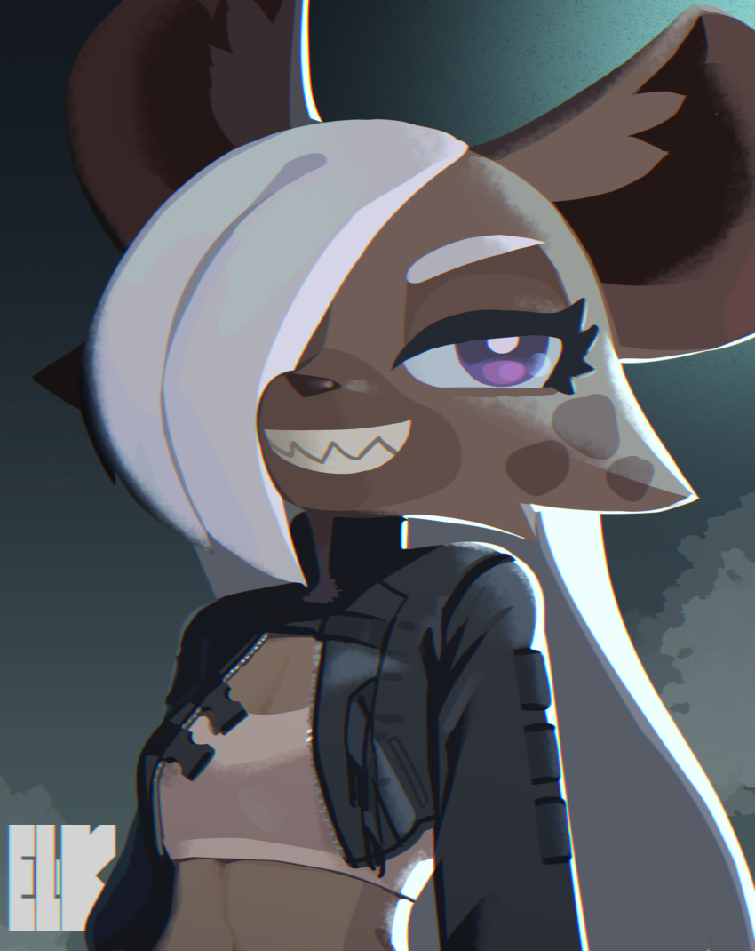 absurd_res anthro black_clothing black_jacket black_topwear breasts brown_body brown_fur cheek_tuft cleavage clothed clothing digital_media_(artwork) eyebrows eyelashes facial_tuft female fur hair hair_over_eye hi_res hyena jacket jk_(kemokin_mania) kemokin_mania leather leather_clothing leather_jacket leather_topwear long_hair mammal midriff one_eye_obstructed open_clothing open_jacket open_topwear purple_eyes shaded shadow sharp_teeth simple_background smile solo spots spotted_hyena teeth thick_eyelashes topwear tube_top tuft white_hair