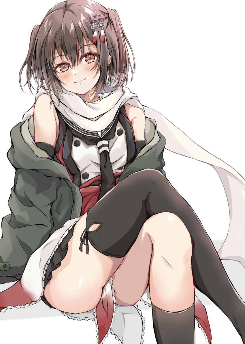 1girl absurdres black_neckerchief black_skirt brown_eyes brown_hair buttons crossed_legs dairyo3 double-breasted feet_out_of_frame grey_jacket hair_ornament highres jacket kantai_collection kneehighs neckerchief open_clothes open_jacket pleated_skirt sailor_collar scarf school_uniform sendai_(kancolle) sendai_kai_ni_(kancolle) serafuku simple_background single_kneehigh single_sock single_thighhigh skirt smile socks solo thighhighs two_side_up white_background white_sailor_collar white_scarf