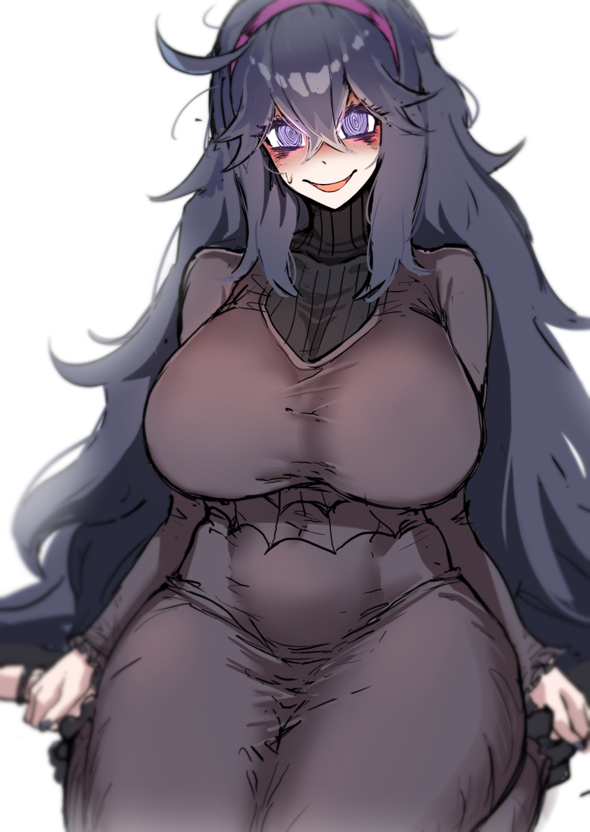 1girl @_@ alternate_breast_size bags_under_eyes bam.g black_sweater blush breasts covered_navel double-parted_bangs dress fingernails hex_maniac_(pokemon) highres huge_breasts looking_at_viewer nail_polish pokemon pokemon_(game) pokemon_xy purple_eyes ribbed_sweater seiza simple_background sitting solo sweatdrop sweater taut_clothes taut_dress thick_thighs thighs white_background
