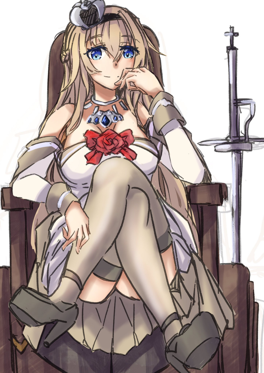 1girl blonde_hair blue_eyes braid breasts cleavage corset crossed_legs crown dress flower french_braid hairband highres jewelry kantai_collection large_breasts long_hair long_sleeves mini_crown necklace off-shoulder_dress off_shoulder red_flower red_rose rose scepter shoes smile thighhighs throne tonke warspite_(kancolle) white_background white_corset white_dress white_thighhighs