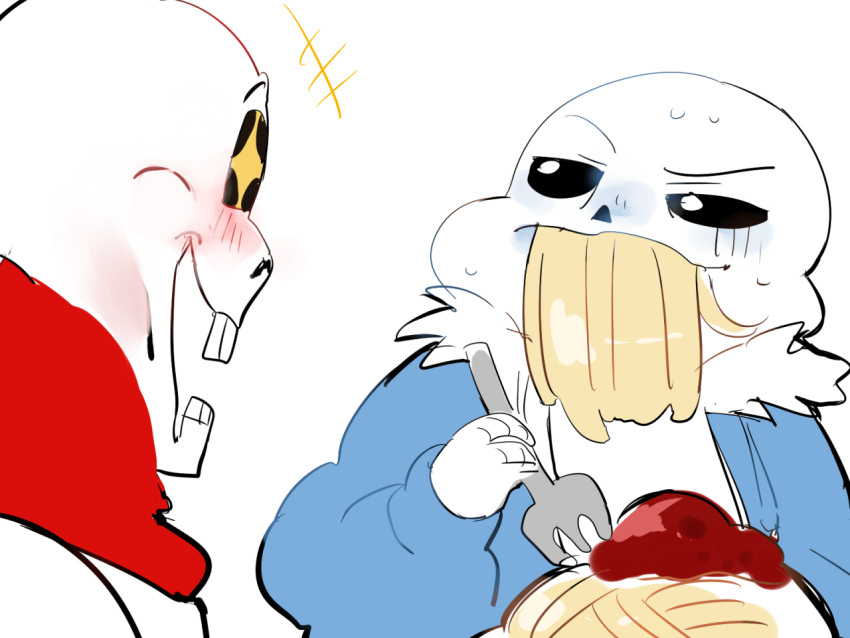 +++ 2boys black_sclera blue_jacket blush bright_pupils brothers colored_sclera commentary_request eating food fork fur-trimmed_jacket fur_trim holding holding_fork jacket long_sleeves looking_at_another meatball mouth_hold multiple_boys noodles open_clothes open_jacket open_mouth papyrus_(undertale) pasta puffy_long_sleeves puffy_sleeves red_scarf sans scarf shirt siblings skeleton smile spaghetti spaghetti_and_meatballs sparkling_eyes suzune_hapinesu sweat teeth undertale upper_body wavy_eyebrows white_background white_pupils white_shirt