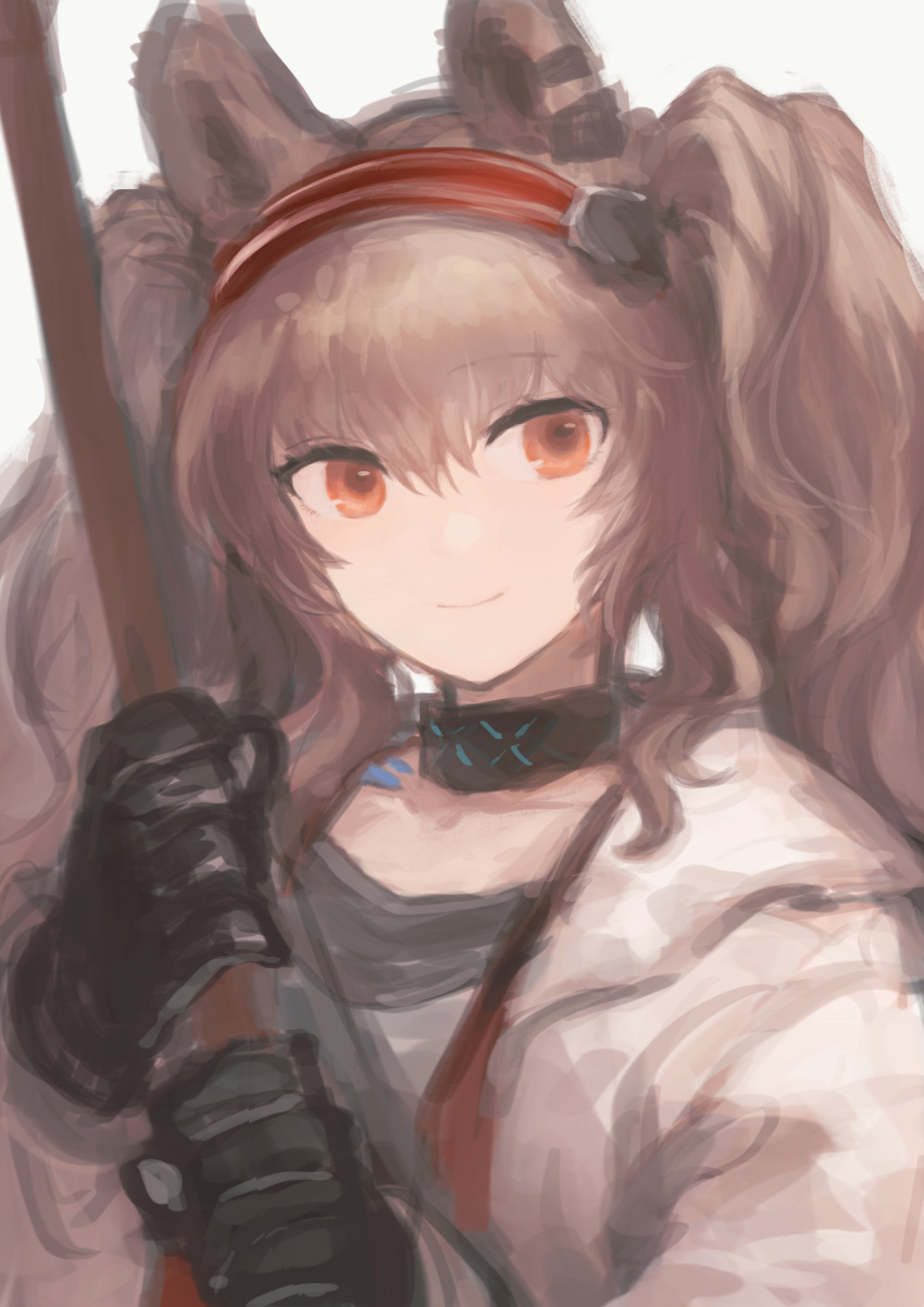 1girl angelina_(arknights) animal_ears arknights black_choker black_gloves brown_hair choker closed_mouth coat fox_ears fox_girl gloves hair_between_eyes hairband highres holding holding_staff long_hair long_sleeves looking_at_viewer medium_bangs mogukk open_clothes open_coat orange_eyes red_hairband simple_background smile solo staff twintails upper_body white_background white_coat