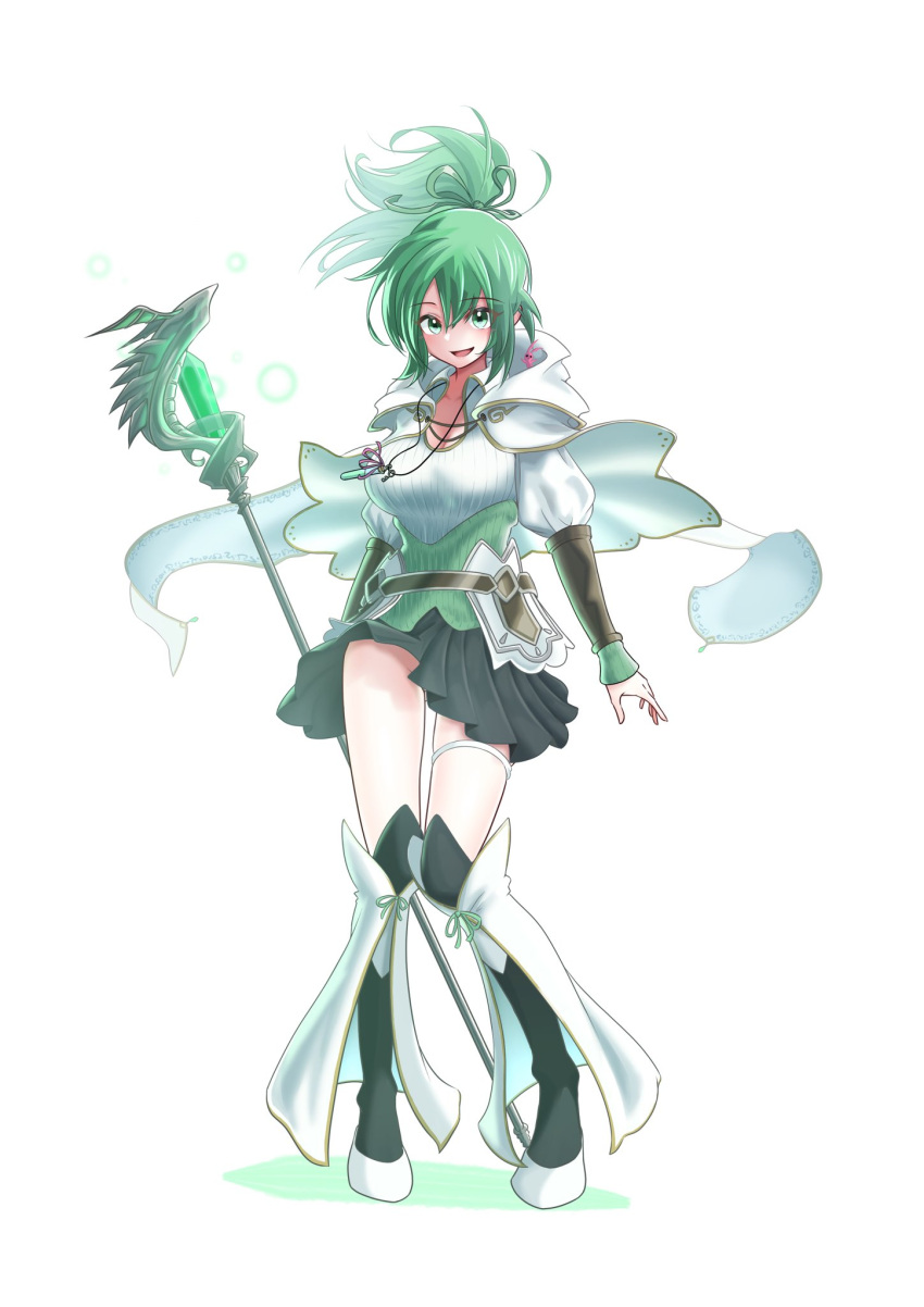 1girl capelet duel_monster full_body green_eyes green_hair green_ribbon hair_between_eyes hair_ribbon highres kneehighs looking_at_viewer open_mouth pleated_skirt ponytail ribbon sengenjin31 sidelocks skirt sleeves_past_wrists socks solo staff thigh_strap wynn_(yu-gi-oh!) wynn_the_wind_channeler yu-gi-oh!