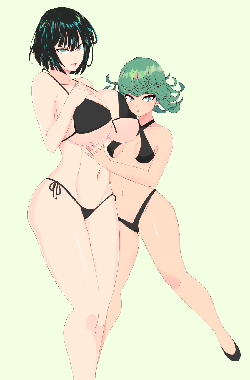 2girls :o absurdres bare_shoulders bikini black_bikini black_footwear breasts collarbone face_to_breasts fubuki_(one-punch_man) green_background green_eyes green_hair hand_on_another's_stomach hand_on_own_chest head_on_chest height_difference highres huge_breasts looking_at_viewer multiple_girls navel one-punch_man open_mouth shiny_skin siblings simple_background sisters small_breasts sombra222 string_bikini swimsuit tatsumaki thong_bikini