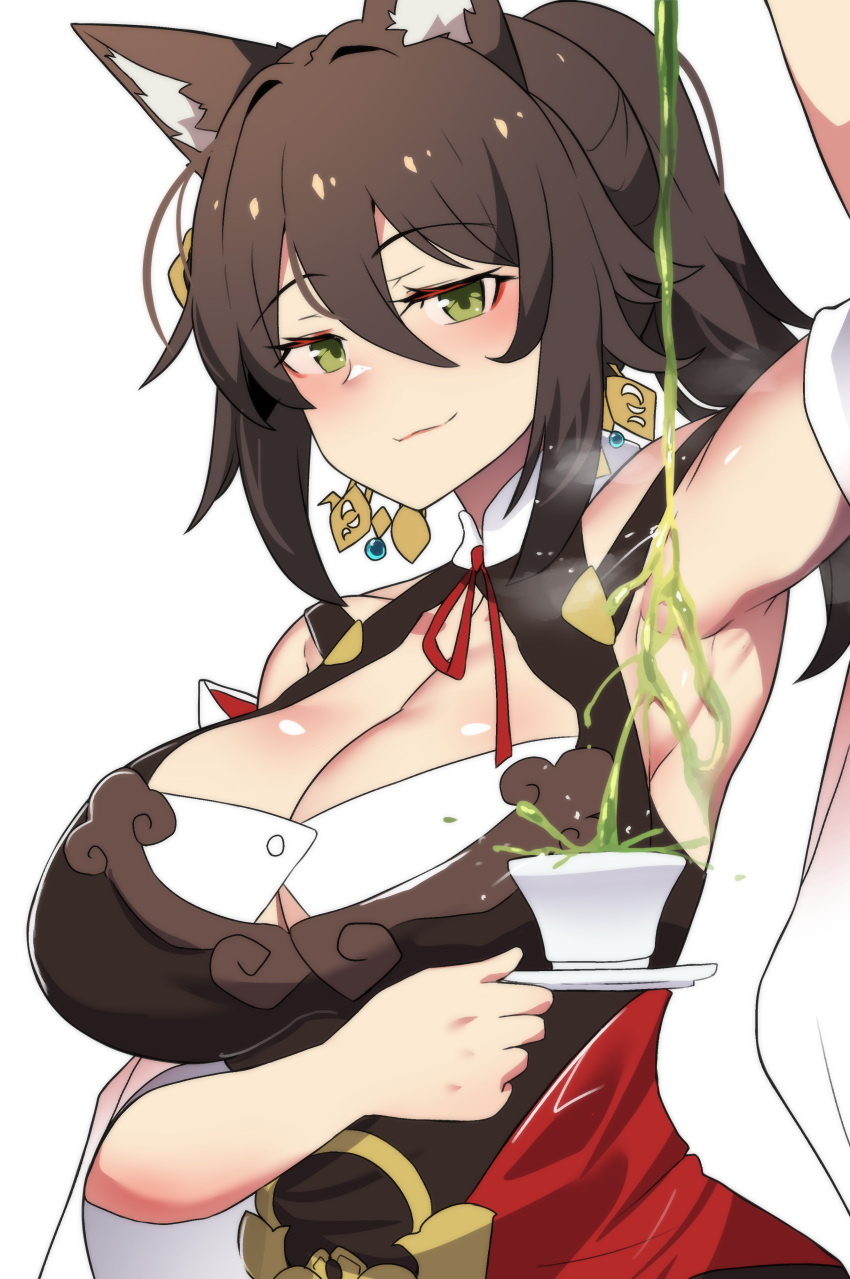 1girl absurdres animal_ears arm_up armpits black_hair breasts chinese_clothes cleavage collarbone commentary cup detached_sleeves earrings english_commentary eyeshadow fox_ears fox_girl green_eyes green_tea hair_between_eyes head_tilt highres hinghoi holding holding_plate honkai:_star_rail honkai_(series) jewelry large_breasts long_hair long_sleeves looking_at_viewer makeup plate ponytail pouring pouring_onto_self red_eyeshadow sidelocks simple_background smile solo tea teacup tingyun_(honkai:_star_rail) white_background wide_sleeves