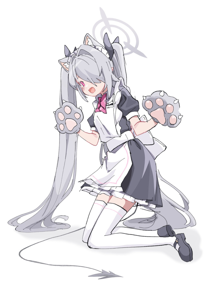 1girl animal_hands apron black_dress black_footwear black_ribbon black_tail blue_archive cat_paws dress fang frilled_apron frilled_dress frills full_body gloves grey_gloves grey_hair grey_halo hair_over_one_eye hair_ribbon halo highres iori_(blue_archive) kneeling long_hair paw_gloves pointy_ears red_eyes ribbon sentouryoku_5 shoes simple_background skin_fang solo thighhighs twintails white_apron white_background white_thighhighs