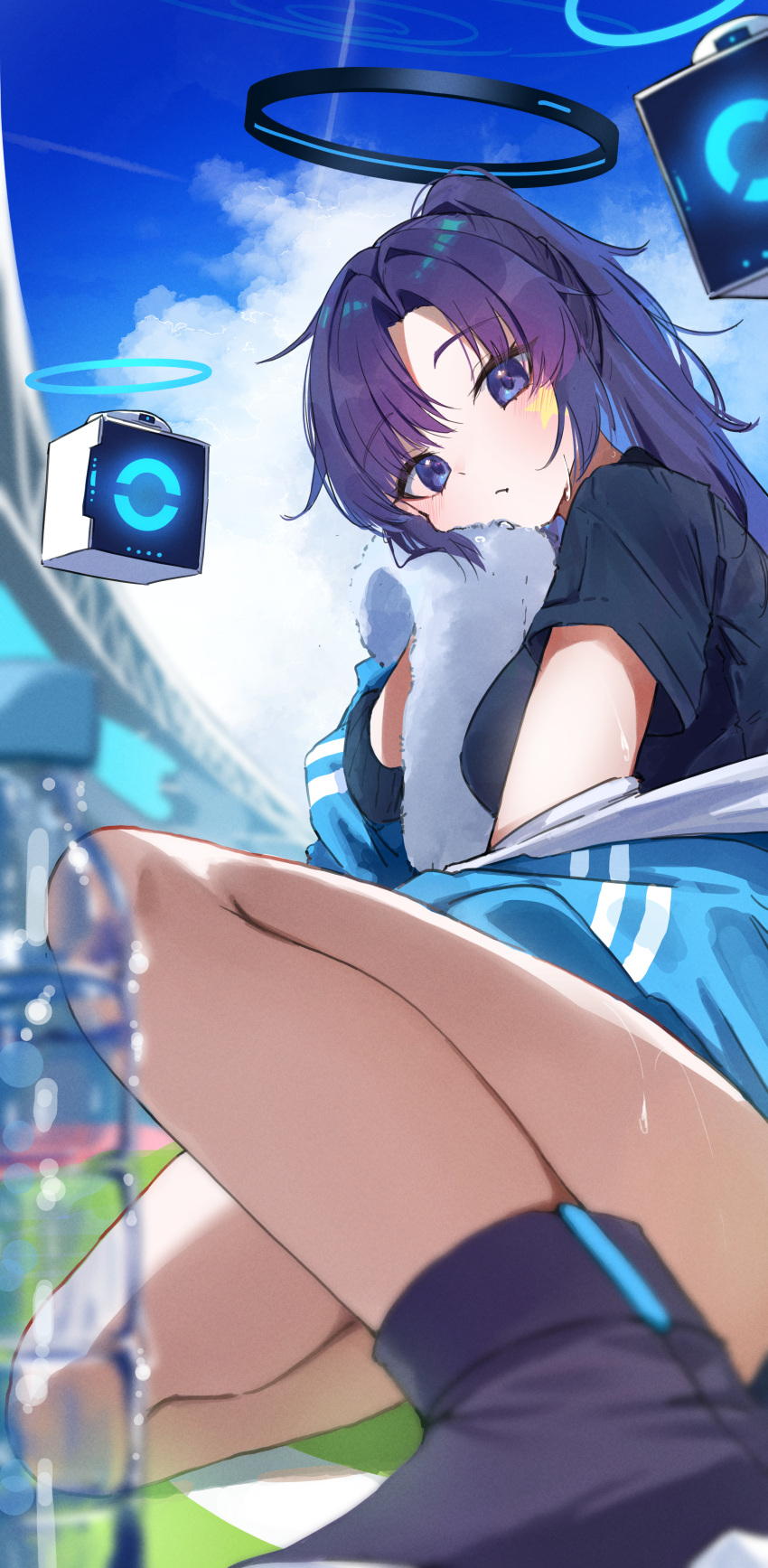 1girl absurdres arena black_shirt blue_archive bottle closed_mouth cloud facial_mark foot_out_of_frame gym_shirt gym_uniform halo highres holding holding_towel knee_up knees legs long_hair looking_at_viewer official_alternate_costume outdoors parted_bangs purple_eyes shadow shiro_marimo shirt sitting sky solo star_on_cheek sweat sweatdrop towel water_bottle yuuka_(blue_archive) yuuka_(track)_(blue_archive)