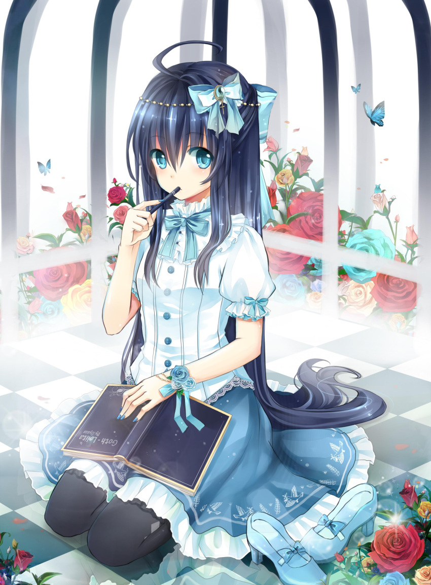 1girl absurdres ahoge argyle argyle_legwear black_hair black_pantyhose blue_eyes book bow bug butterfly checkered_floor commentary_request flower gyaza hair_bow highres holding kneeling long_hair looking_at_viewer nail_polish open_book original pantyhose pen solo