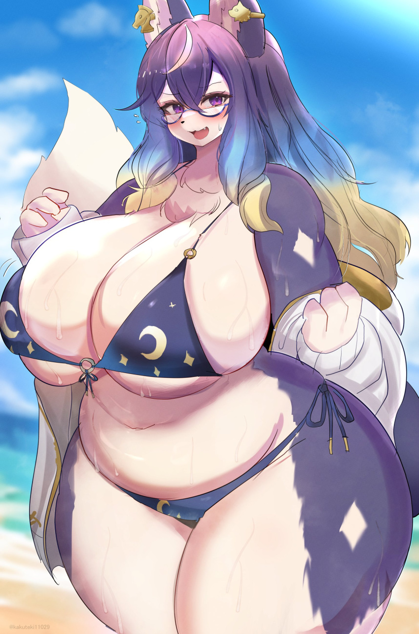 absurd_res anthro artist_name beach big_breasts bikini blonde_hair blue_body blue_fur blue_hair blush bodily_fluids breasts clothed clothing curvy_figure day eyebrow_through_hair eyebrows eyewear female fingers fur glasses hair hekate_(tas) hi_res huge_breasts kakuteki11029 kemono lifewonders long_hair mammal multicolored_body multicolored_fur multicolored_hair navel open_mouth outside overweight overweight_anthro overweight_female portrait purple_eyes seaside solo sweat swimwear thick_thighs three-quarter_portrait tokyo_after tokyo_afterschool_summoners translucent translucent_hair two_tone_body two_tone_fur voluptuous water white_body white_fur wide_hips