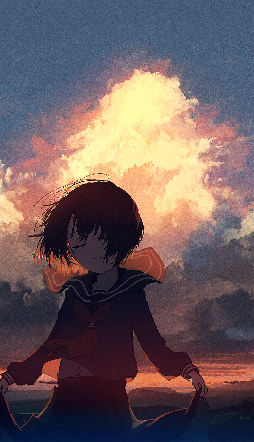 1girl absurdres black_hair black_sailor_collar black_serafuku black_skirt blue_sky closed_eyes cloud highres long_sleeves mifuru neckerchief original red_neckerchief sailor_collar scenery school_uniform serafuku short_hair skirt skirt_hold sky solo sunset