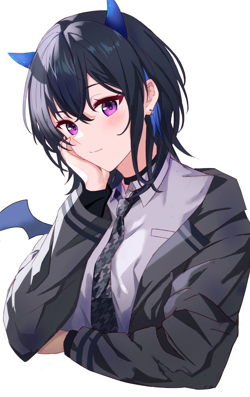 1girl absurdres black_collar black_hair blazer blue_hair blue_horns blue_wings collar collared_shirt demon_girl demon_horns demon_wings dress_shirt earrings gradient_horns gradient_wings grey_jacket grey_necktie hair_between_eyes hand_on_own_cheek hand_on_own_face highres horns houndstooth ichinose_uruha ichinose_uruha_(6th_costume) jacket jewelry light_smile long_sleeves looking_at_viewer mini_wings multicolored_hair multicolored_horns multicolored_wings necktie open_clothes open_jacket print_necktie purple_eyes school_uniform shirt simple_background solo streaked_hair virtual_youtuber vspo! white_background white_shirt wing_collar wings wolf_cut yuki_yuuma