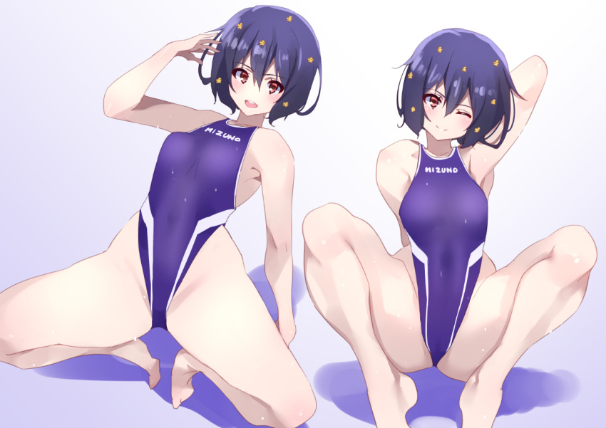 1girl black_hair breasts character_name clothes_writing covered_navel coveredcore hair_ornament highleg highleg_swimsuit medium_breasts mizuno_(brand) mizuno_ai multiple_views name_connection one-piece_swimsuit purple_one-piece_swimsuit red_eyes short_hair squatting swimsuit zombie_land_saga
