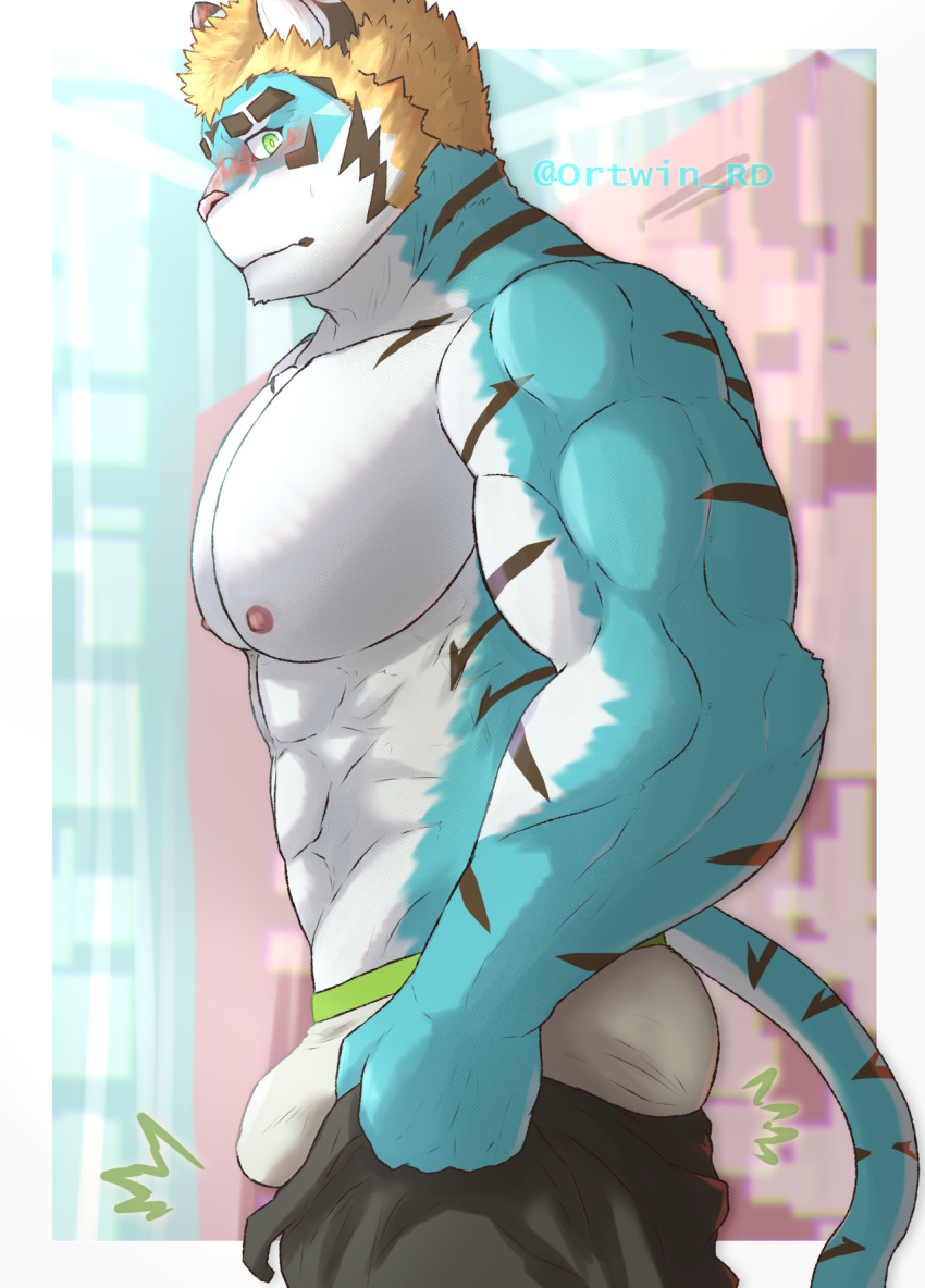1boy abs animal_ears ass ass_lift bara blonde_hair blue_fur blush building bulge bulge_lift dressing feet_out_of_frame from_side furry furry_male green_eyes highres i've_never_seen_a_guy_recreate_this_successfully_tbh_(meme) large_pectorals live_a_hero long_sideburns looking_at_viewer male_focus male_underwear meme muscular muscular_male nipples open_pants orea-doi pants pants_lift pectorals rexer_(live_a_hero) short_hair shy sideburns solo stomach tiger_boy tiger_ears topless_male undersized_clothes underwear white_male_underwear
