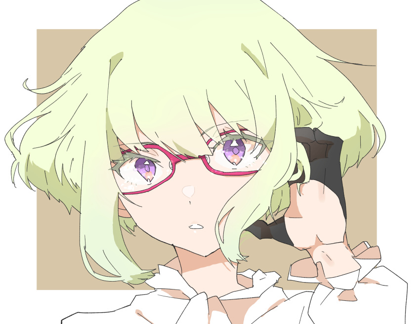 1boy absurdres ascot bespectacled black_gloves blonde_hair border brown_background colored_eyelashes commentary_request frilled_sleeves frills glasses gloves half_gloves highres lio_fotia long_sleeves looking_at_viewer male_focus no_jacket otoko_no_ko parted_lips pink-framed_eyewear promare puffy_long_sleeves puffy_sleeves purple_eyes shirt short_hair sidelocks solo tyooka3244 white_ascot white_border white_shirt