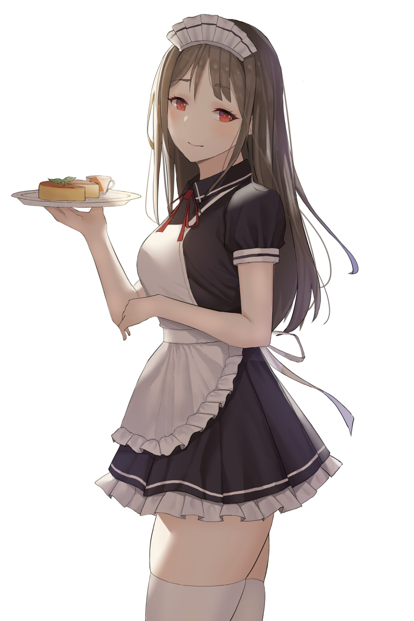 1girl absurdres apron black_dress breasts brown_hair closed_mouth collared_dress commentary cowboy_shot cup dress food frilled_apron frilled_dress frills from_side hand_up highres holding holding_plate light_blush long_hair looking_at_viewer maid maid_headdress medium_breasts murding neck_ribbon original pie plate red_eyes red_ribbon ribbon short_sleeves simple_background solo thighhighs white_apron white_background white_thighhighs