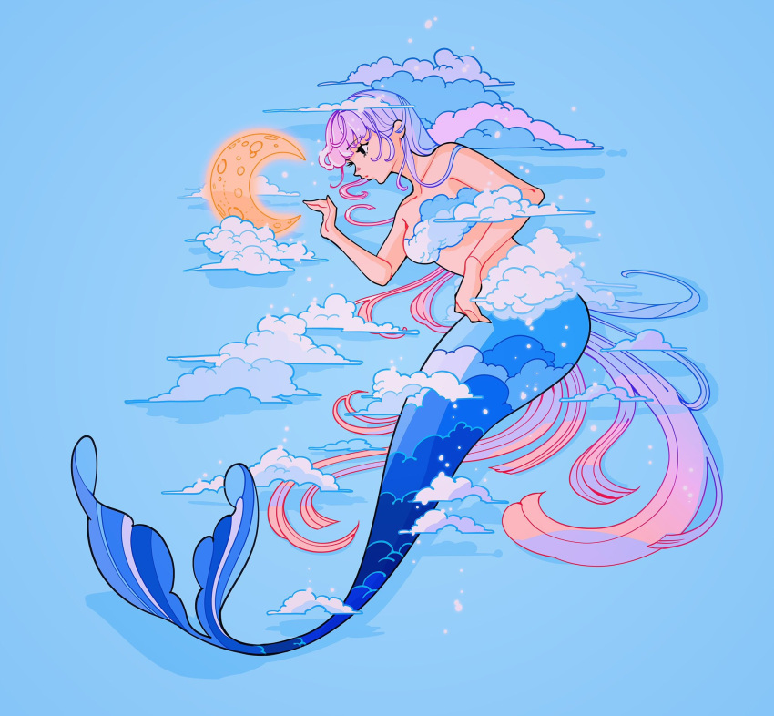 1girl blue_background blue_theme breasts cloud commentary crater crescent_moon english_commentary gradient_hair highres long_hair medium_breasts mermaid meyoco midriff monster_girl moon multicolored_hair original pink_hair profile shadow simple_background solo very_long_hair