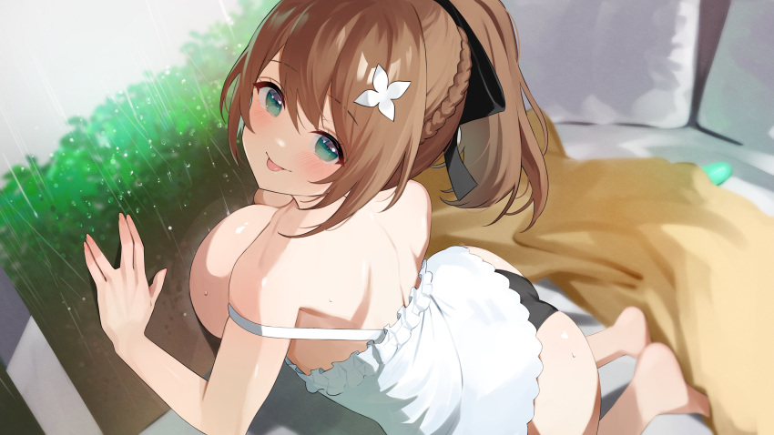 1girl absurdres against_glass aogiri_koukou ass black_panties black_ribbon blurry blurry_background braid breast_press breasts breasts_on_glass brown_hair bush camisole dildo flower green_eyes hair_flower hair_ornament hair_ribbon highres kkix25 kurikoma_komaru large_breasts looking_at_viewer median_furrow panties ponytail rain reflection ribbon sex_toy solo strap_slip sweat tongue underwear white_camisole white_flower