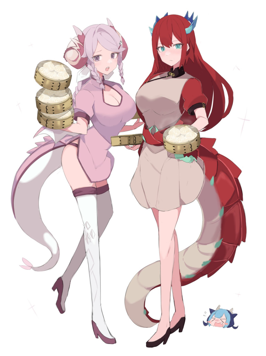 &gt;_&lt; 2girls alternate_costume blue_eyes blue_hair bowl braid breasts chibi chibi_inset china_dress chinese_clothes cleavage_cutout clothing_cutout dragon_girl dragon_horns dragon_tail dress dumpling food full_body highres holding holding_bowl horns kitchen_dragonmaid large_breasts laundry_dragonmaid long_hair multicolored_hair multiple_girls nurse_dragonmaid pink_hair red_hair sakuragi_raia tail thighhighs two-tone_hair yu-gi-oh!