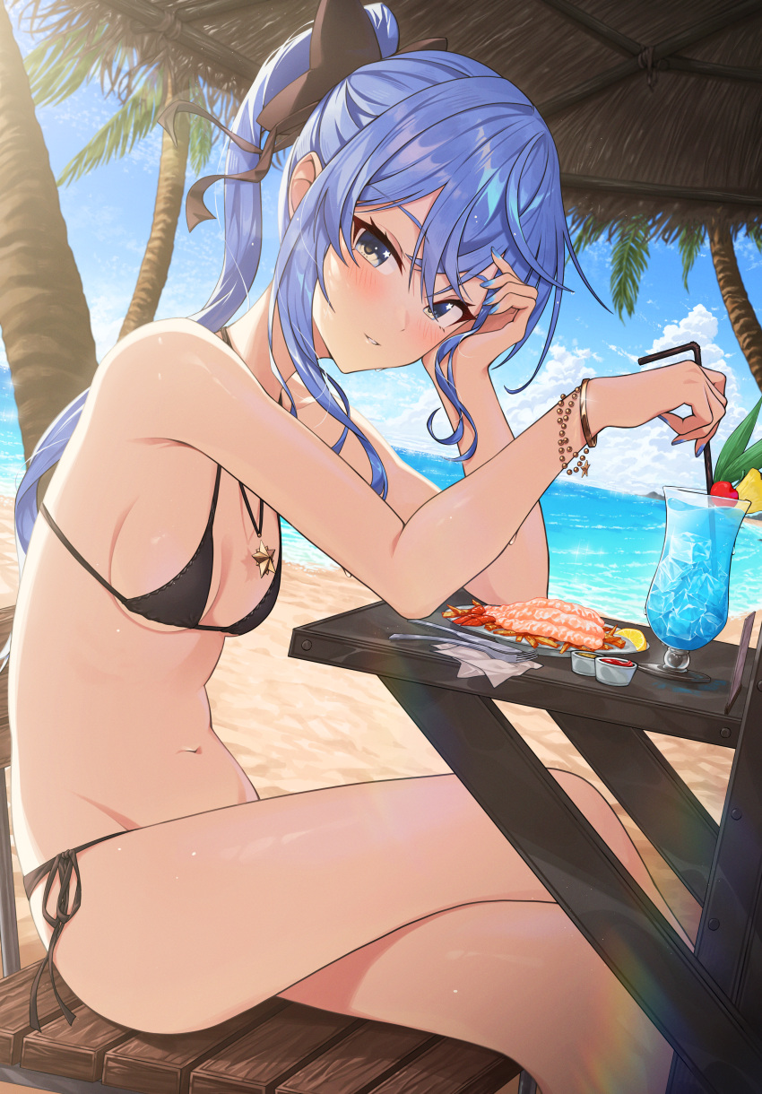 1girl absurdres bangle beach beach_umbrella bead_bracelet beads bikini black_bikini blue_eyes blue_hair blue_nails blue_sky bracelet breasts cherry cloud commentary_request crossed_legs cup day drinking_glass drinking_straw elbow_rest feet_out_of_frame food fork fruit halterneck high_ponytail highres hololive hoshimachi_suisei ice ice_cube jewelry ketchup knife legs looking_at_viewer nail_polish navel outdoors palm_tree parted_lips pendant plate ponytail revision side-tie_bikini_bottom sitting sky small_breasts solo star_(symbol) star_in_eye stomach string_bikini swimsuit symbol_in_eye table thighs tree umbrella utensil virtual_youtuber yozora_(1wkdgusdn)