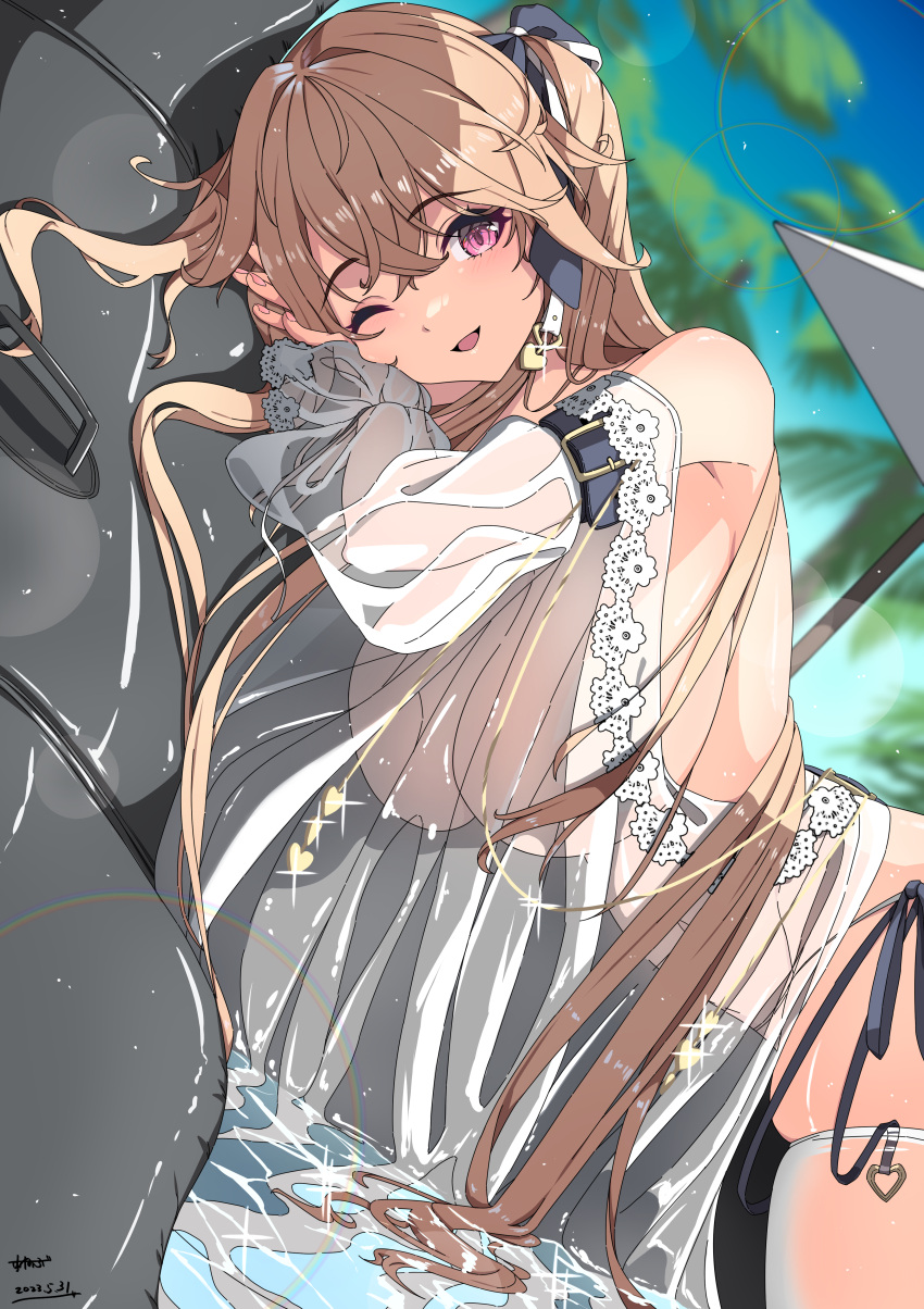 1girl absurdres anchorage_(azur_lane) anchorage_(dolphins_and_swim_lessons)_(azur_lane) azur_lane bare_shoulders bikini blush bow breasts brown_hair hair_between_eyes hair_bow hair_ornament hair_ribbon highres inflatable_orca inflatable_toy innertube large_breasts leaning_on_object light_brown_hair lying official_alternate_costume on_side one_eye_closed open_mouth outdoors purple_eyes ribbon see-through side-tie_bikini_bottom smile sunebu_(snake_boo2) swimsuit thighhighs topless twintails water white_thighhighs