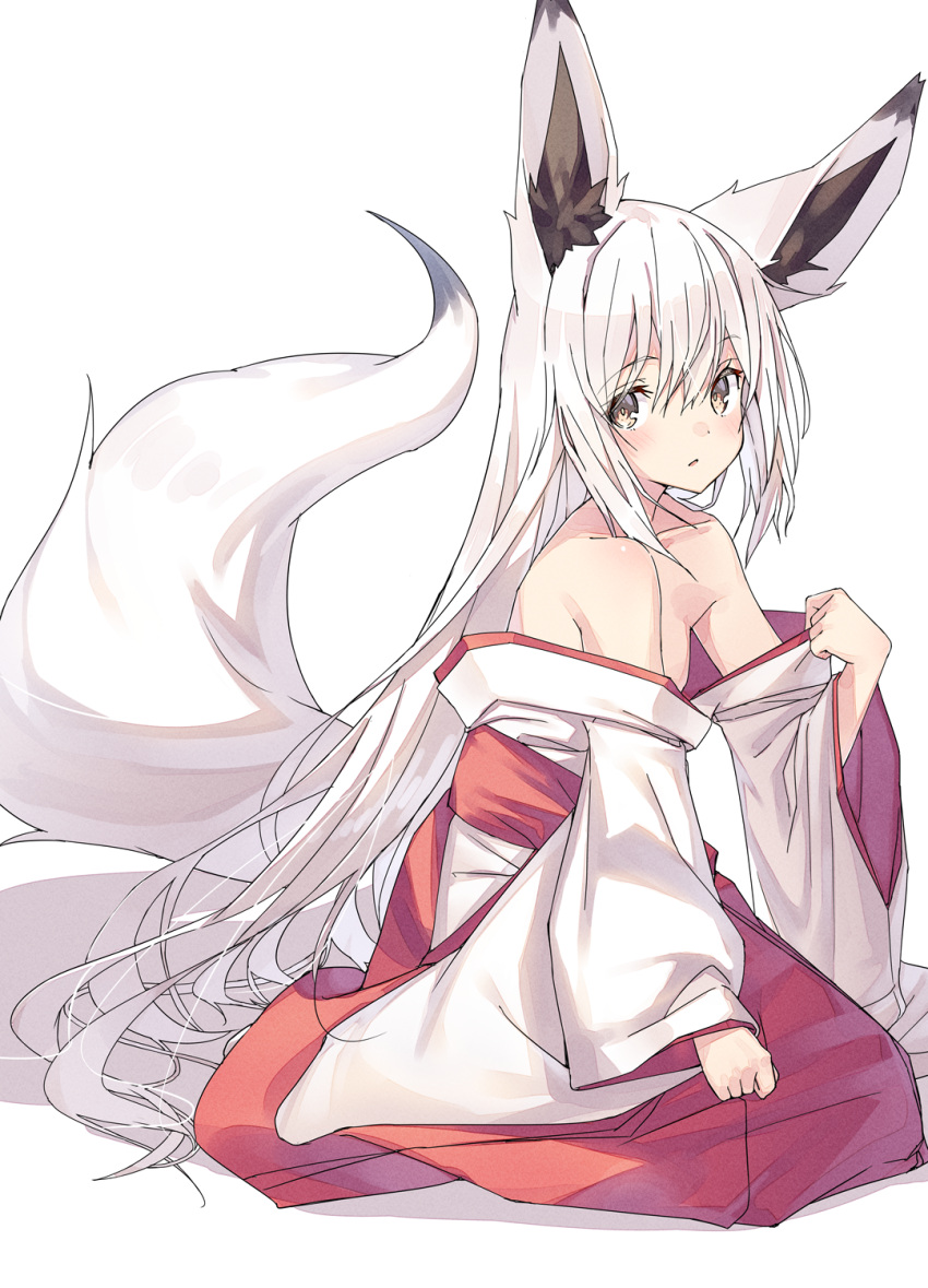 1girl animal_ear_fluff animal_ears bare_shoulders fox_ears fox_tail highres japanese_clothes kimono kneeling long_hair long_sleeves looking_at_viewer original parted_lips partially_undressed red_kimono shiro_youduki solo tail very_long_hair white_background white_hair wide_sleeves yellow_eyes