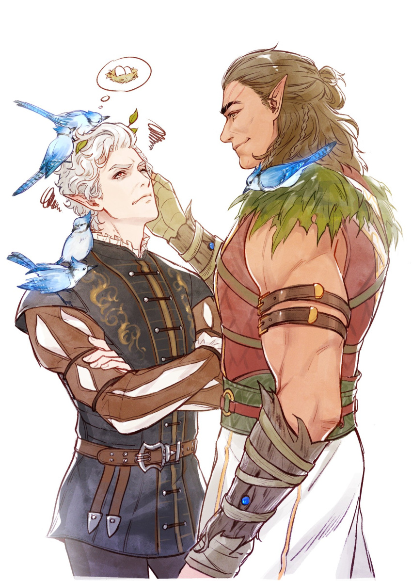 2boys animal_on_head animal_on_shoulder annoyed arm_belt asahi_(baiyameng) astarion_(baldur's_gate) baldur's_gate baldur's_gate_3 belt bird bird_on_head bird_on_shoulder black_jacket blue_jay braid brown_eyes brown_hair collared_jacket cowboy_shot crossed_arms dungeons_and_dragons elf fingerless_gloves frilled_shirt_collar frills from_side frown gloves green_gloves hair_bun half_updo halsin hand_on_another's_cheek hand_on_another's_face highres jacket looking_up male_focus mature_male medium_hair multiple_boys multiple_braids muscular muscular_male o-ring on_head one_eye_closed pointy_ears profile red_eyes red_vest scar scar_on_face short_hair simple_background single_hair_bun smile squiggle standing vest wavy_hair white_background white_hair