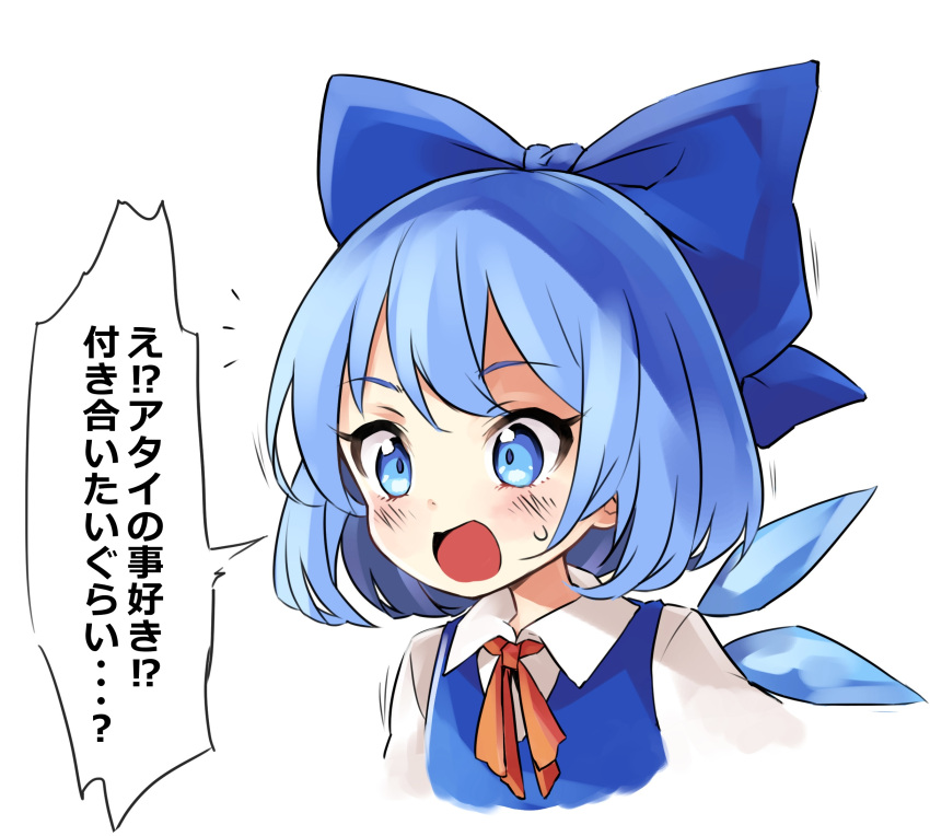 1girl blue_bow blue_dress blue_eyes blue_hair blush bow cirno collared_shirt commentary dress fairy hair_bow highres ice ice_wings open_mouth pinafore_dress portrait shirt short_hair simple_background sleeveless sleeveless_dress solo speech_bubble tatuhiro touhou translated white_background white_shirt wings