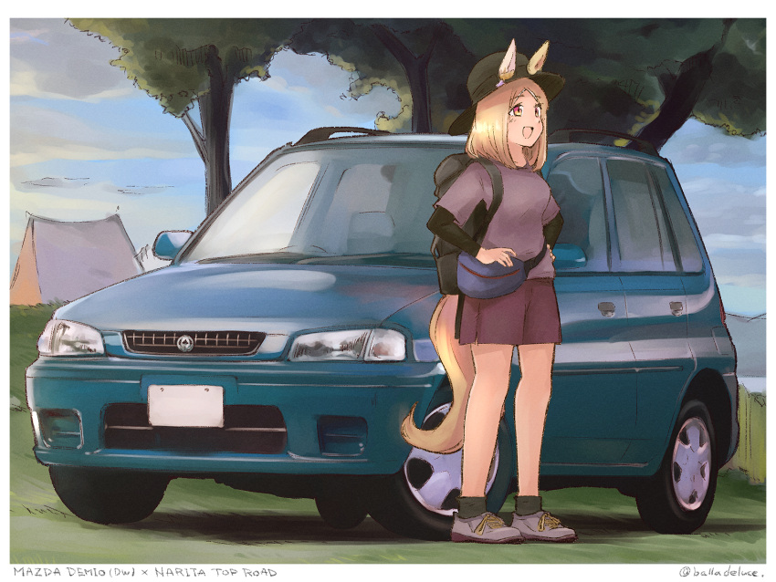 1girl animal_ears artist_name balladeluce black_headwear black_socks blonde_hair breasts brown_shorts character_name fanny_pack grey_footwear grey_shirt hands_on_own_hips hat highres horse_ears horse_girl horse_tail layered_sleeves looking_up mazda mazda_demio medium_breasts narita_top_road_(umamusume) parted_bangs shadow shirt shorts smile socks solo sports_utility_vehicle tail tent tree umamusume vehicle_focus vehicle_name