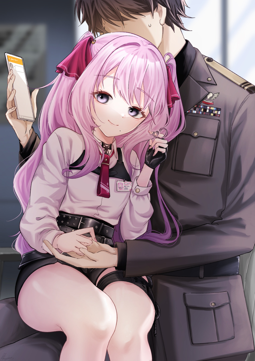 1boy 1girl absurdres belt black_belt black_gloves black_shorts blurry breasts cellphone closed_mouth collared_shirt commander_(nikke) fingerless_gloves gloves goddess_of_victory:_nikke hair_twirling high-waist_shorts highres holding holding_hands holding_phone long_hair military_jacket military_uniform mole mole_under_mouth nagamoto_yuu necktie phone pink_hair pink_nails purple_eyes red_necktie red_ribbon ribbon shirt shirt_tucked_in short_necktie shorts sidelocks single_glove sitting sitting_on_lap sitting_on_person small_breasts smartphone smile thigh_strap twintails uniform white_shirt yuni_(nikke)