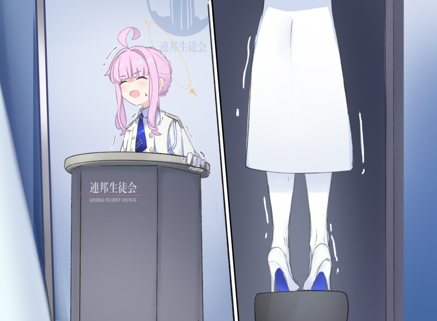 1girl ahoge blue_archive blue_necktie closed_eyes dress gloves halo height_conscious high_heels highres kaya_(blue_archive) multiple_views necktie open_mouth pantyhose pink_hair podium riya_(01214) standing sweat trembling white_dress white_gloves white_headwear white_pantyhose