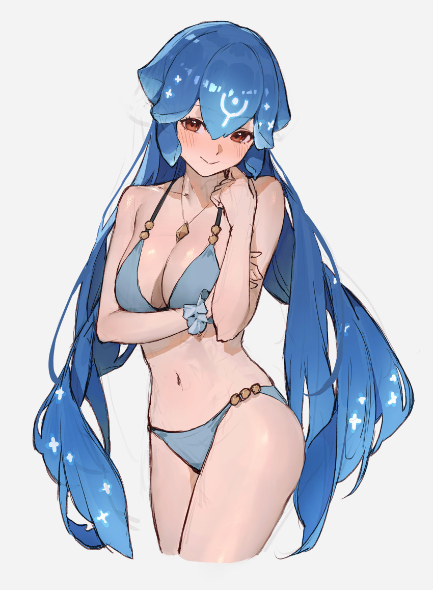 1girl absurdres bao_(vtuber) bare_shoulders bikini blue_bikini blue_hair blush breasts brown_eyes cleavage closed_mouth collarbone highres indie_virtual_youtuber jewelry large_breasts long_hair looking_at_viewer low_twintails navel necklace sidelocks sketch smile solo sooon swimsuit thighs twintails virtual_youtuber white_background