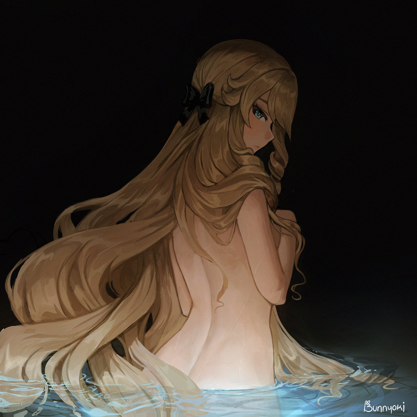 1girl black_background black_bow blonde_hair blue_eyes bow bunnyoki commentary from_behind genshin_impact hair_bow highres looking_back navia_(genshin_impact) no_headwear nude solo wading water
