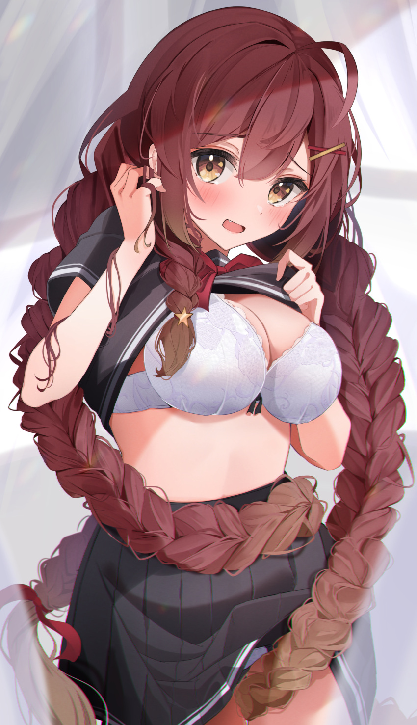 1girl absurdres ahoge blush bra braid breasts brown_hair cleavage clothes_lift commentary embarrassed fang french_braid hair_between_eyes highres kamimori_kuuraku large_breasts lifted_by_self long_hair looking_at_viewer midriff multiple_braids open_mouth original panties school_uniform shirt_lift twin_braids underwear uniform very_long_hair white_bra yellow_eyes