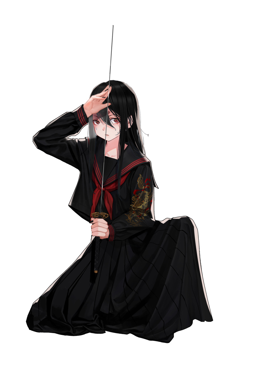 1girl absurdres arm_up black_hair black_sailor_collar black_serafuku black_shirt black_skirt brown_eyes closed_mouth de_yi full_body hair_between_eyes hand_on_blade highres holding holding_sword holding_weapon katana long_hair long_skirt long_sleeves looking_at_viewer neckerchief on_one_knee original pleated_skirt red_neckerchief sailor_collar school_uniform serafuku shirt simple_background skirt slit_pupils solo sweatdrop sword transparent_background weapon