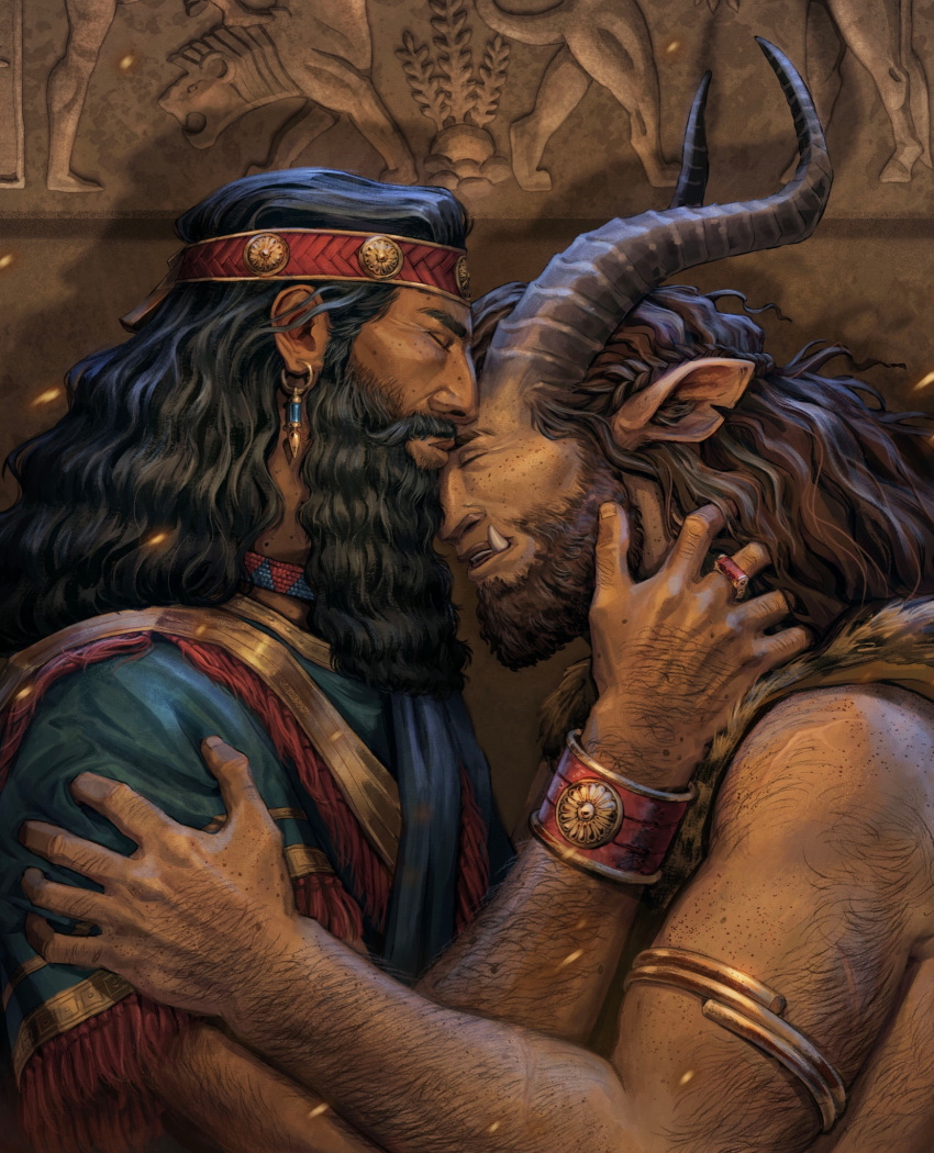 2boys arabian_clothes arm_hair armlet bara beard black_hair brown_hair couple dark-skinned_male dark_skin demon_boy demon_ears demon_horns earrings embers enkidu_(mythology) epic_of_gilgamesh facial_hair fire_light from_side gilgamesh_(mythology) hand_hair hand_on_another's_neck hand_on_another's_shoulder highres horns interracial jewelry kiana_hamm kiss kissing_forehead lion_hair long_beard male_focus mature_male monster_boy multiple_boys muscular muscular_male notched_ear profile scripture thick_eyebrows tusks upper_body yaoi