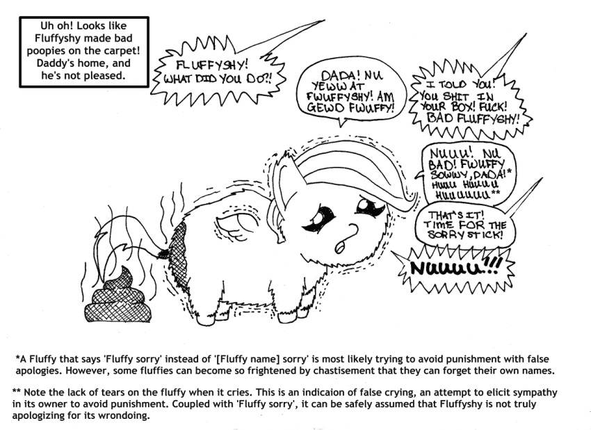 ambiguous_gender baby_talk dialogue english_text equid equine feces feces_on_ass feces_pile feral fluffy_pony fluffy_pony_(species) fluttershy_(mlp) friendship_is_magic hasbro immortalfluffykiller mammal my_little_pony offscreen_character pegasus pooping simple_background solo stink_lines text white_background wings