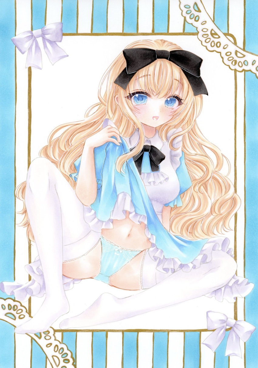 1girl alice_(alice_in_wonderland) alice_in_wonderland apron black_bow blonde_hair blue_dress blue_eyes blue_panties bow bow_panties breasts clothes_lift commentary dress dress_lift full_body hair_bow highres knee_up lifted_by_self long_hair looking_at_viewer marker_(medium) medium_breasts navel open_mouth panties petticoat puffy_short_sleeves puffy_sleeves short_sleeves sitting smile solo stomach striped striped_panties thighhighs traditional_media underwear vertical-striped_panties vertical_stripes very_long_hair wavy_hair white_apron white_thighhighs yuuki_hana_(jtnp5334)