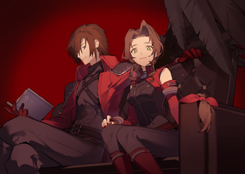 1boy 1girl aerith_gainsborough armor black_wings brown_hair couch crisis_core_final_fantasy_vii feathered_wings final_fantasy final_fantasy_vii final_fantasy_vii_ever_crisis genesis_rhapsodos green_eyes highres jacket lilith-lily official_alternate_costume red_background red_jacket shoulder_armor sitting smile wings