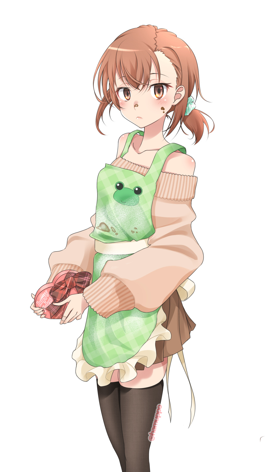 1girl absurdres apron black_thighhighs blank_eyes blush box brown_eyes brown_hair brown_skirt brown_sweater character_print checkered_apron checkered_clothes chocolate chocolate_on_face collarbone expressionless food food_on_face frilled_apron frills from_side gekota gift green_apron hair_ornament hair_scrunchie hamuppo heart-shaped_box highres holding holding_gift long_sleeves looking_at_viewer miniskirt misaka_imouto off-shoulder_sweater off_shoulder parted_bangs scrunchie short_ponytail sidelocks signature skirt solo standing sweater thighhighs toaru_kagaku_no_railgun toaru_majutsu_no_index valentine white_background zettai_ryouiki