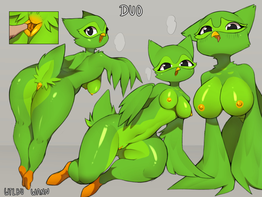2023 ambiguous_gender anthro anus areola arm_support avian bent_over big_breasts bird black_eyes breasts butt character_name countershade_torso countershading crossgender cutaway duo_(duolingo) duolingo eyelashes facial_markings feathers female female/ambiguous genitals glistening glistening_body green_body green_feathers grey_background half-closed_eyes head_markings hi_res human mammal markings mascot mask_(marking) mtf_crossgender narrowed_eyes navel nipples owl pussy shoulder_tuft side_boob signature simple_background sitting solo spread_anus spreading steam tail tail_tuft thick_thighs tuft wilbuwann winged_arms wings yellow_anus yellow_areola yellow_body yellow_nipples yellow_pussy yellow_skin