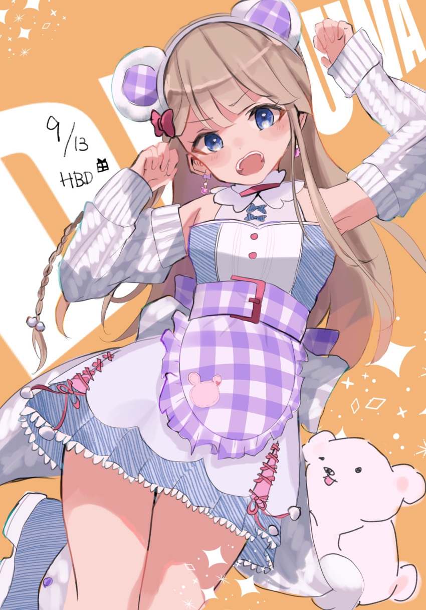 1girl :o animal_ears apron bear_ears blonde_hair blue_eyes blue_shirt blue_skirt blunt_bangs blush braided_sidelock cable_knit dangle_earrings dated detached_sleeves dot_nose dutch_angle earrings embarrassed fake_animal_ears foot_out_of_frame frilled_apron frilled_skirt frills happy_birthday highres idoly_pride jewelry legs_together long_sleeves looking_at_viewer narumiya_suzu open_mouth orange_background paw_pose plaid plaid_apron pleated_skirt purple_apron shirt sidelocks simple_background skirt sleeveless sleeveless_shirt solo sparkle teeth teritama_(teripla) thick_thighs thighs two-tone_shirt upper_teeth_only v-shaped_eyebrows waist_apron white_shirt white_sleeves